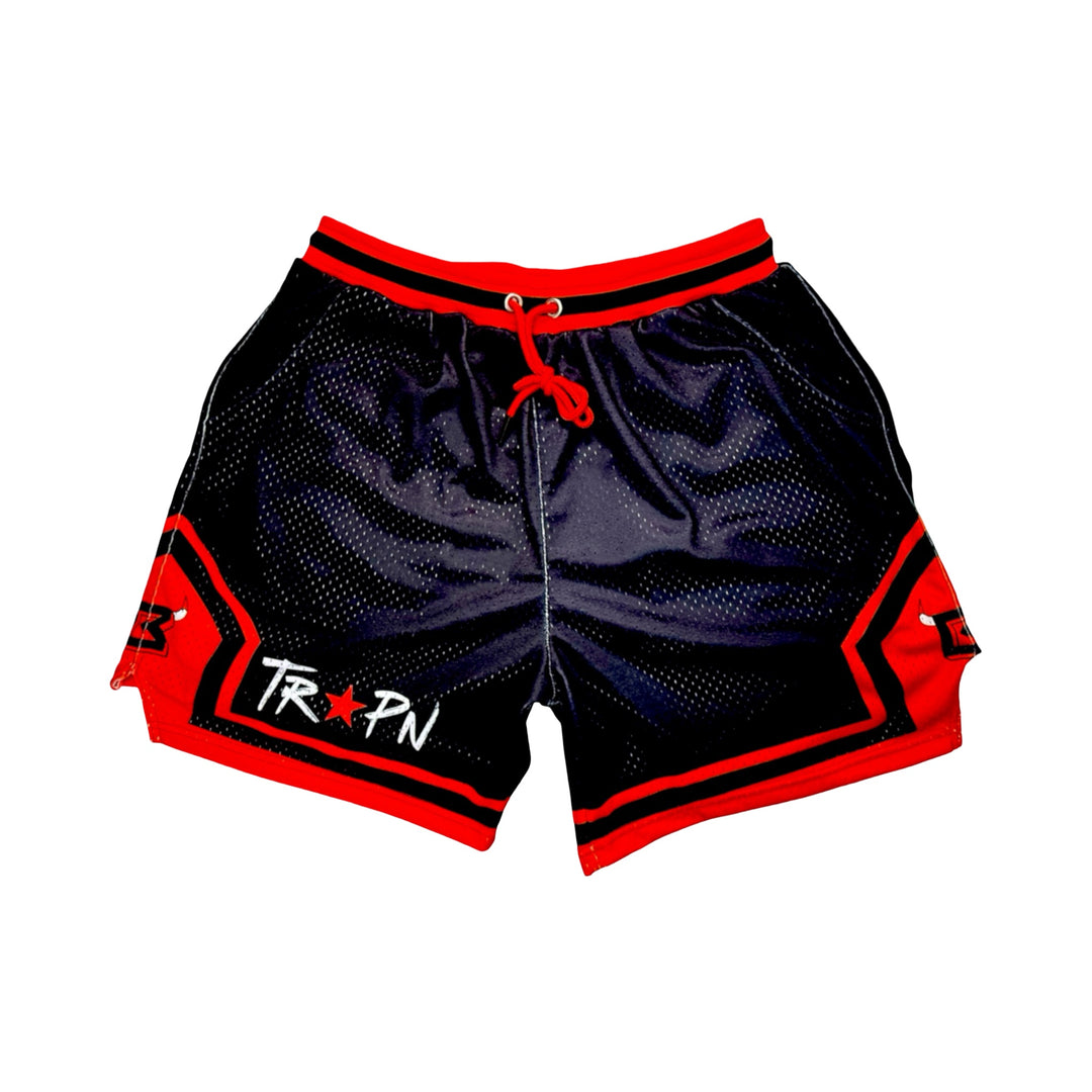 Black and red pro style mesh shorts with logo and 2 inch waistband