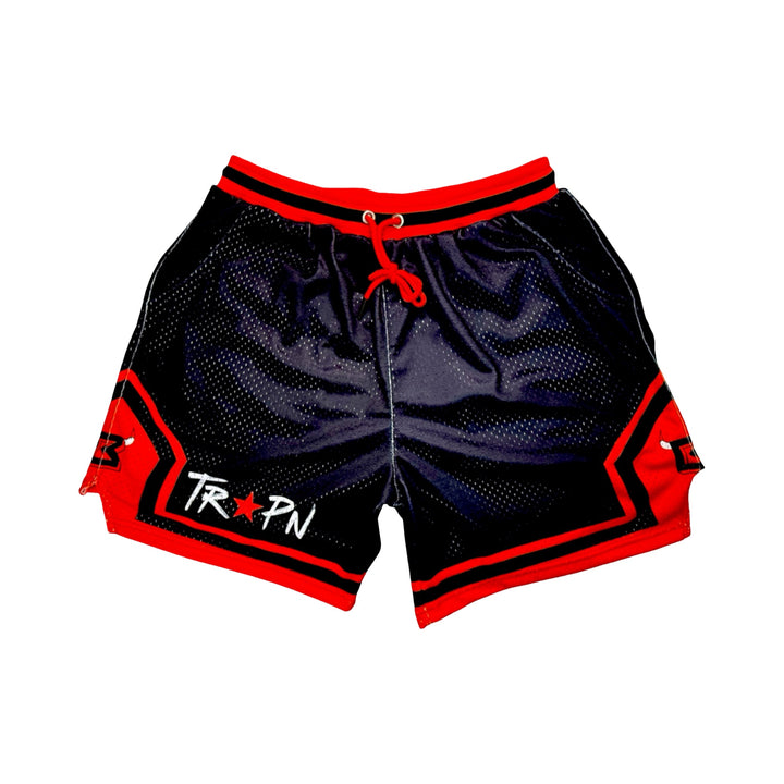 Black and red pro style mesh shorts with logo and 2 inch waistband