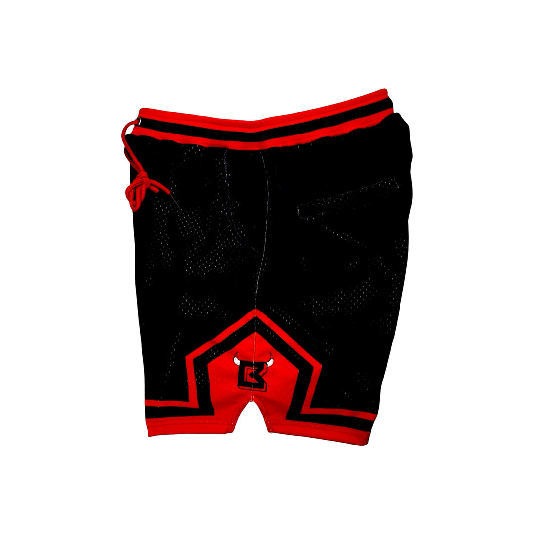 Black and red pro style mesh shorts with logo and 2 inch waistband