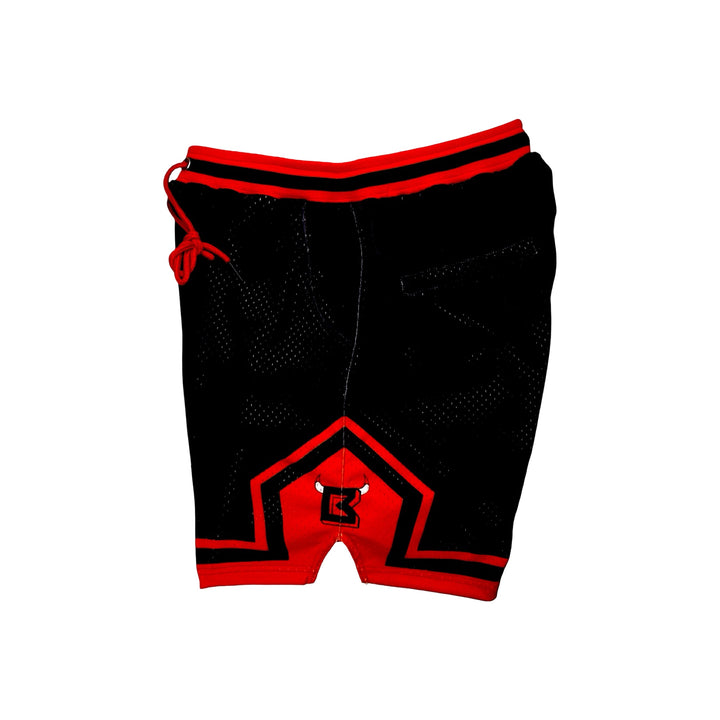 Black and red pro style mesh shorts with logo and 2 inch waistband