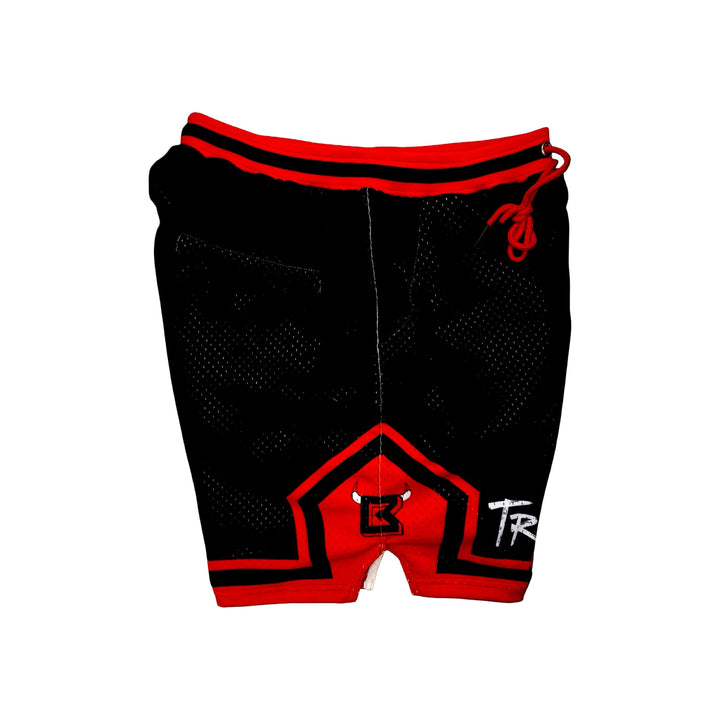 Black and red pro style mesh shorts with logo and 2 inch waistband