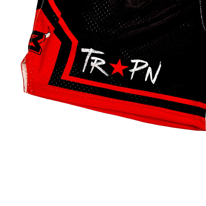 Black and red pro style mesh shorts with logo and 2 inch waistband