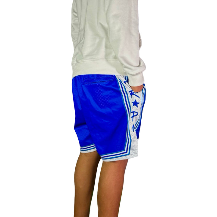 Blue athletic shorts with white accents on a white background