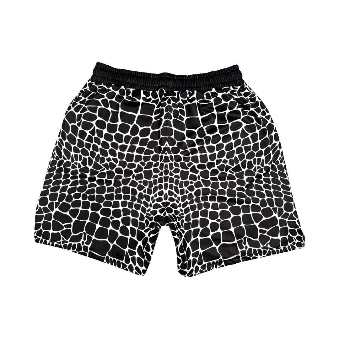 Viper Soft Quick-Dry shorts with dark reptile-scale pattern, lightweight feel, and above-knee fit. Made to Order performance shorts by Trap’N Shorts.