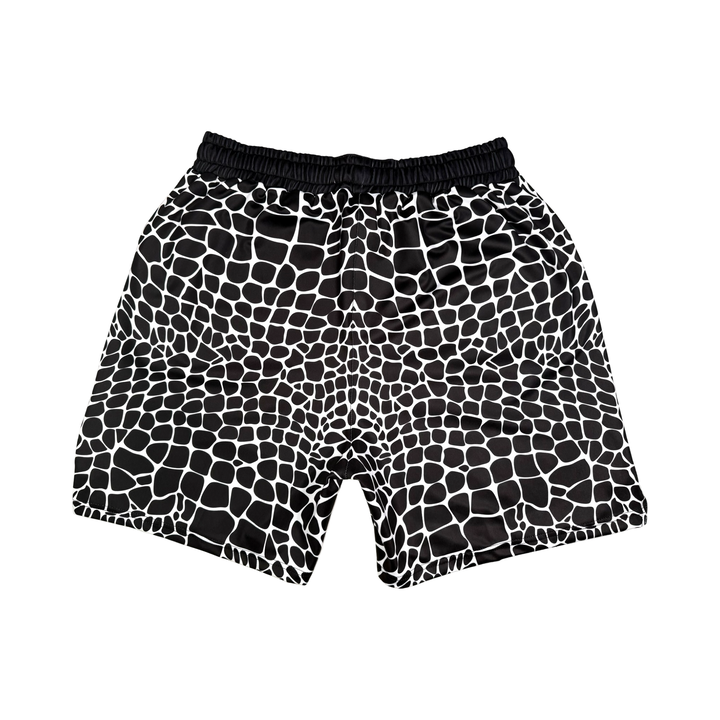 Viper Soft Quick-Dry shorts with dark reptile-scale pattern, lightweight feel, and above-knee fit. Made to Order performance shorts by Trap’N Shorts.