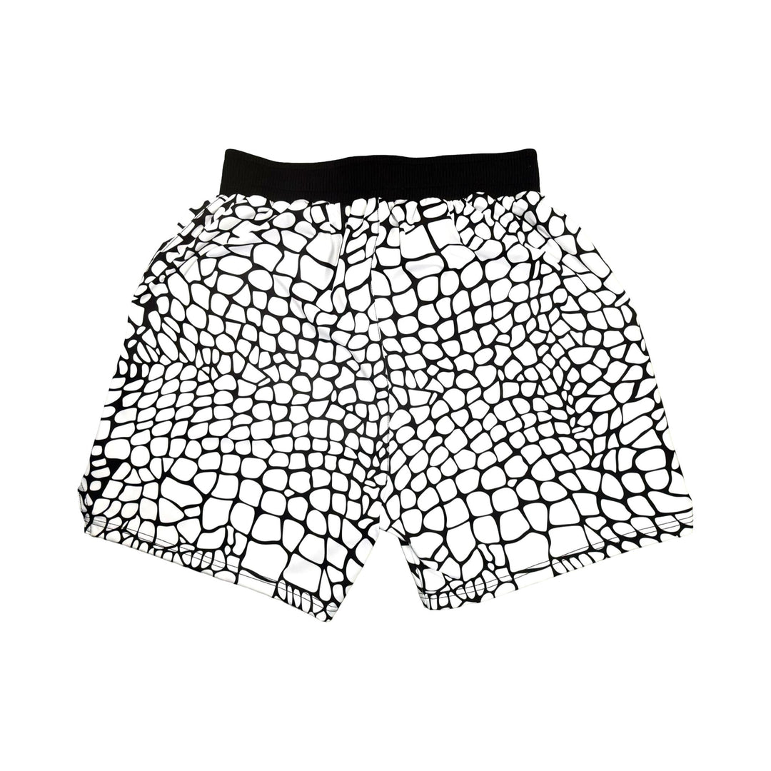 White and black gator/zombie patterned smooth dry fit shorts