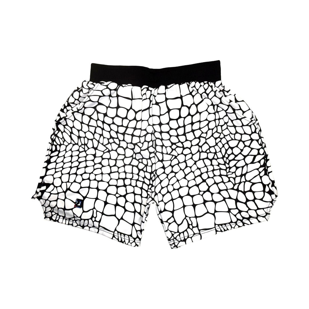 White and black gator/zombie patterned smooth dry fit shorts