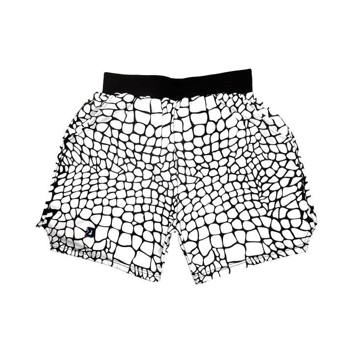 White and black gator/zombie patterned smooth dry fit shorts