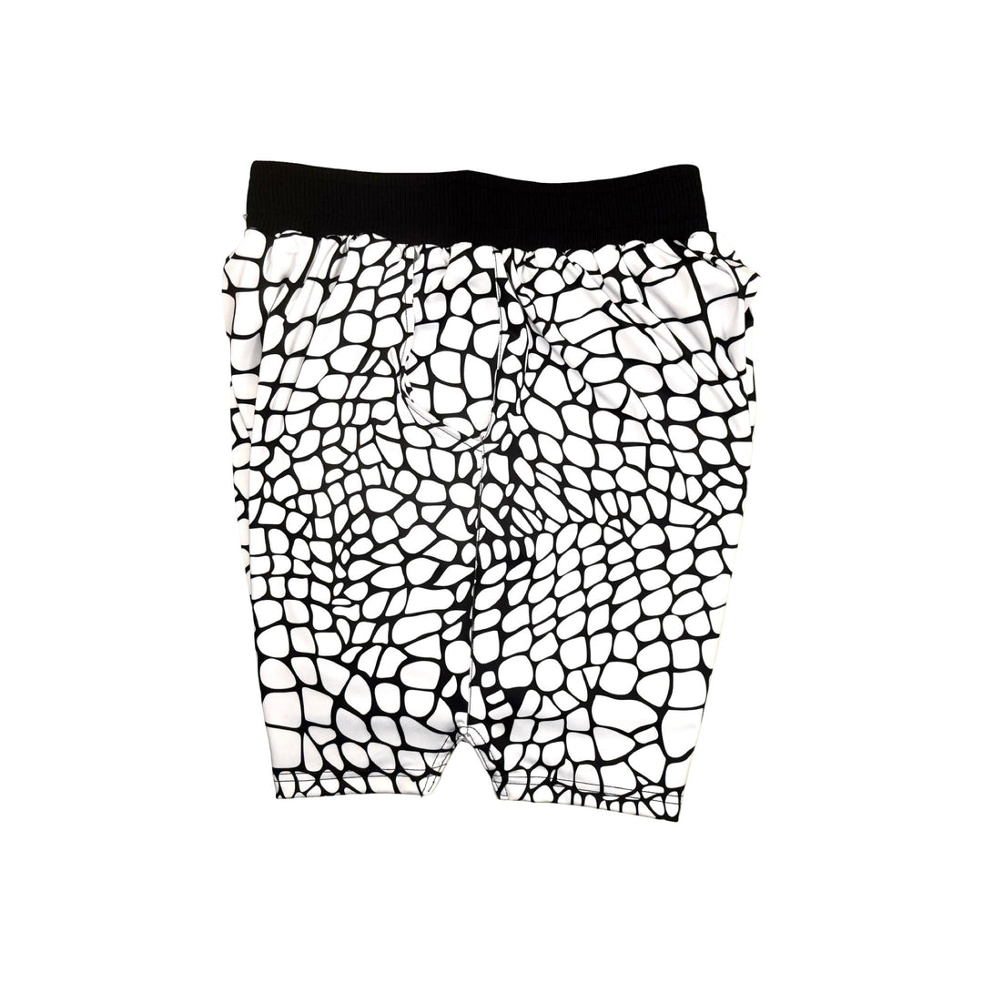 White and black gator/zombie patterned smooth dry fit shorts