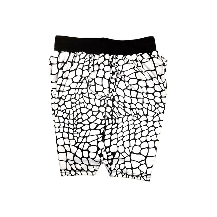 White and black gator/zombie patterned smooth dry fit shorts