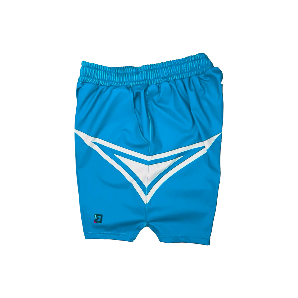 Blue athletic shorts with a white logo on a white background