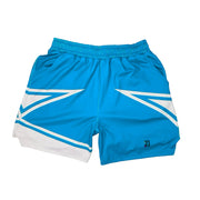 Sky blue athletic shorts with white geometric patterns on a white background