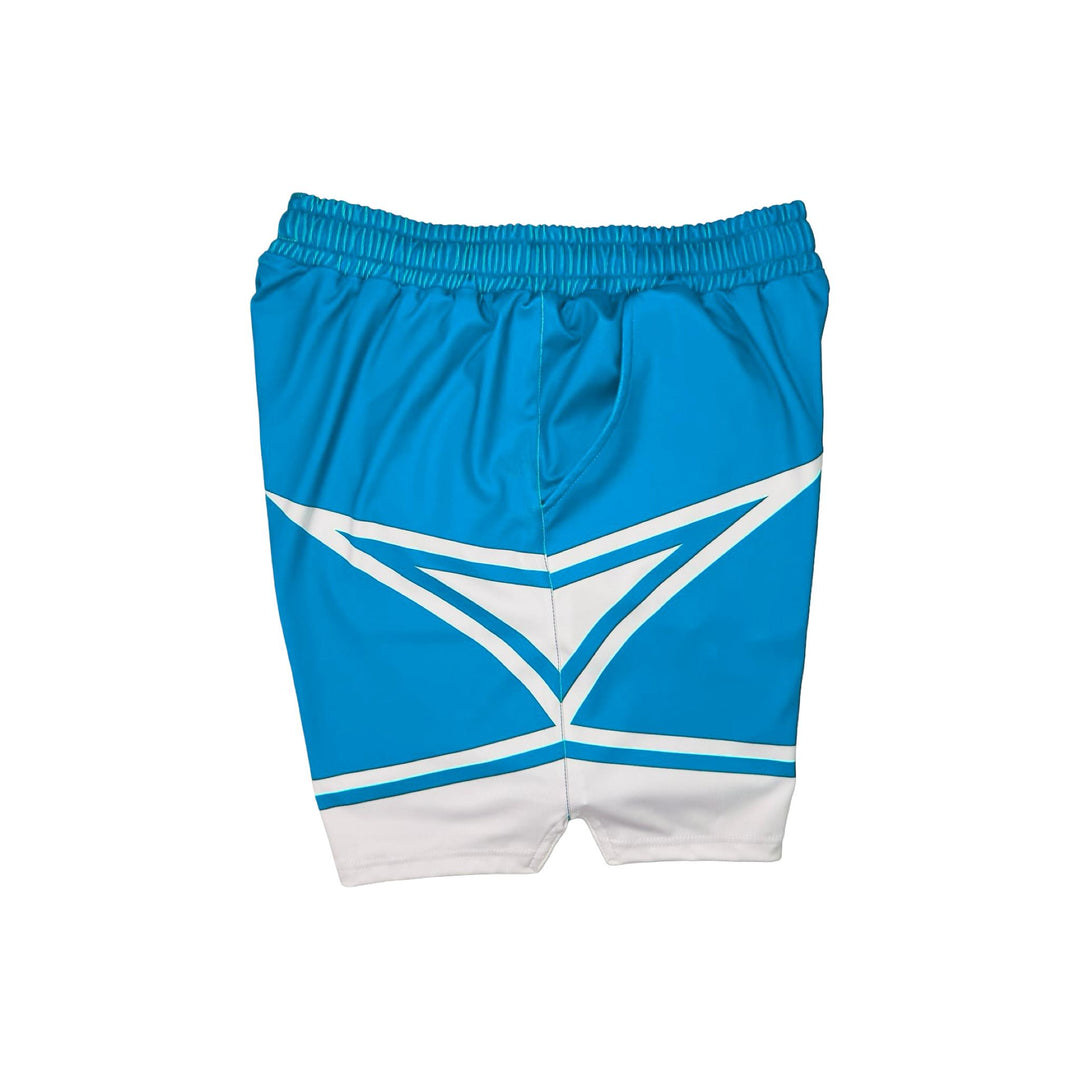 Sky blue athletic shorts with white geometric patterns on a white background