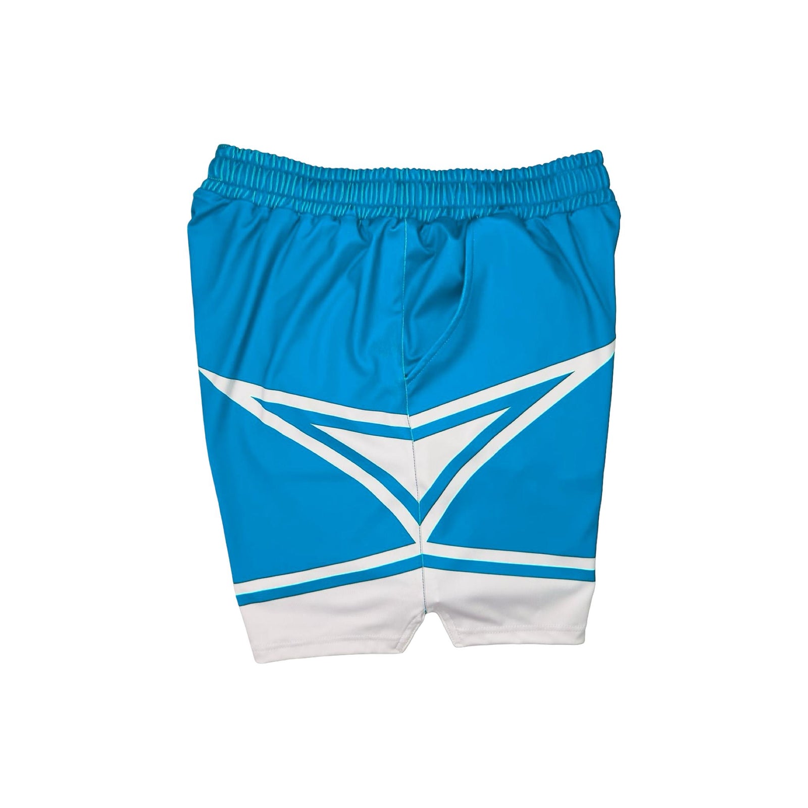 Sky blue athletic shorts with white geometric patterns on a white background