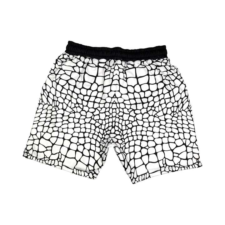 Yt Fang Soft Quick-Dry basketball shorts in white and black reptile-scale pattern with above-knee cut and signature Trap’N Shorts logo.
